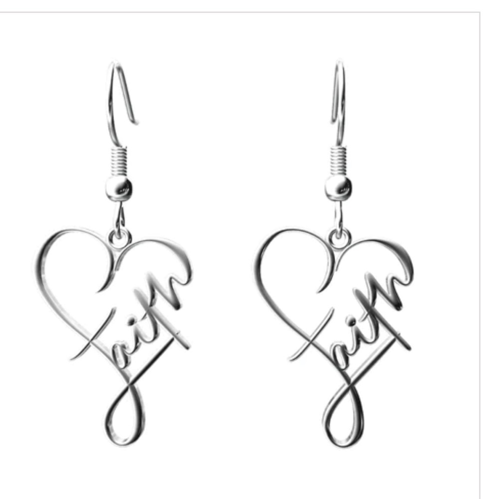 NIP Heart Shaped Faith Stainless Steel Dangle Earrings